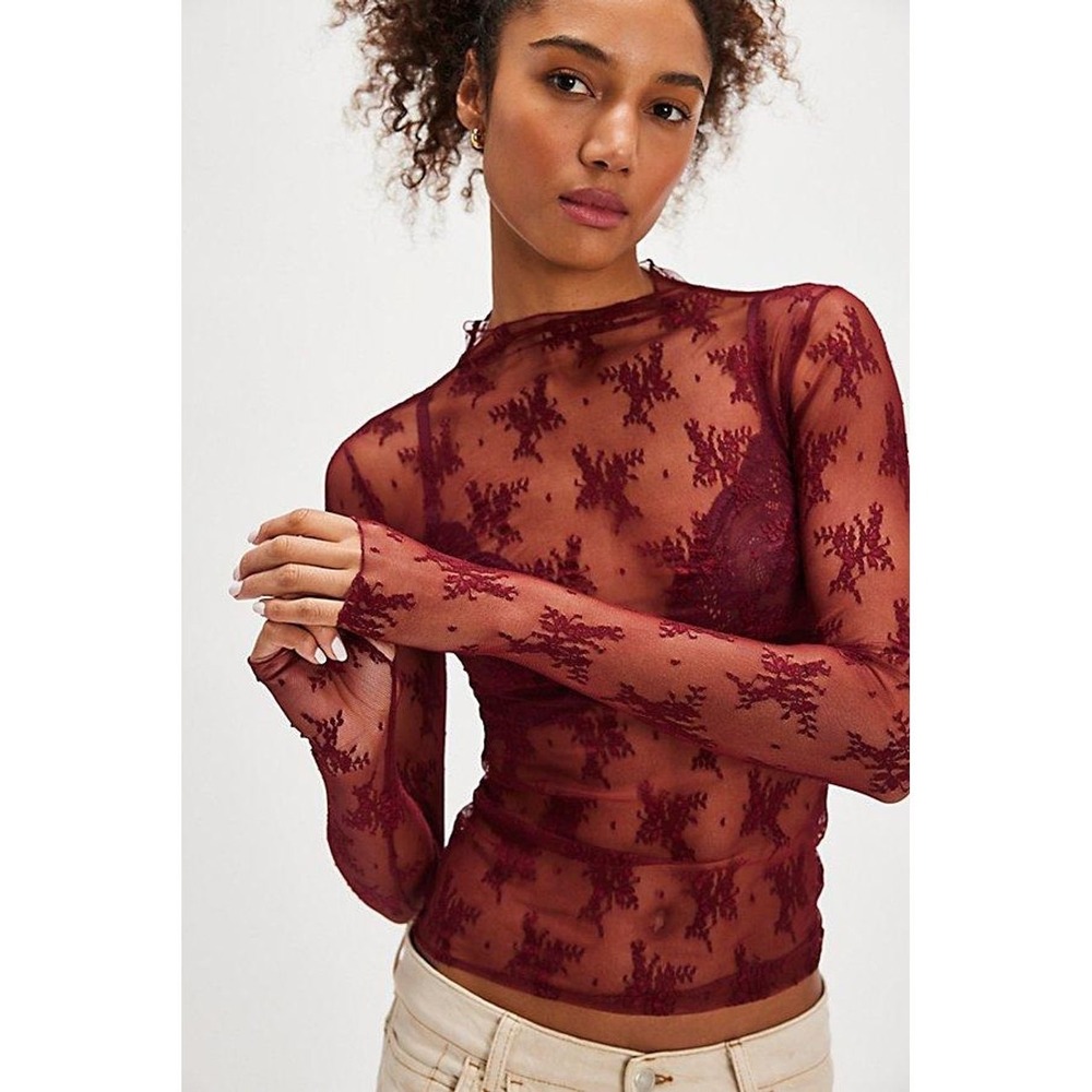 Free People Women Lady Lux Layering Top Burgundy Sheer Floral Lace Mock Neck